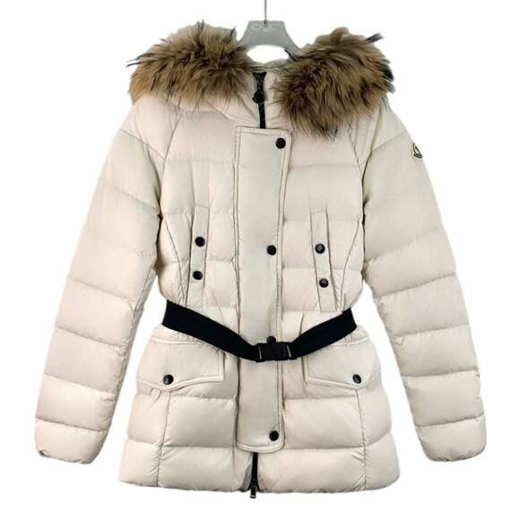 JW0255 Moncler Clio Series Off-White Logo Patch Hooded Fur Collar Long Sleeve Zi - Picture 1 of 9